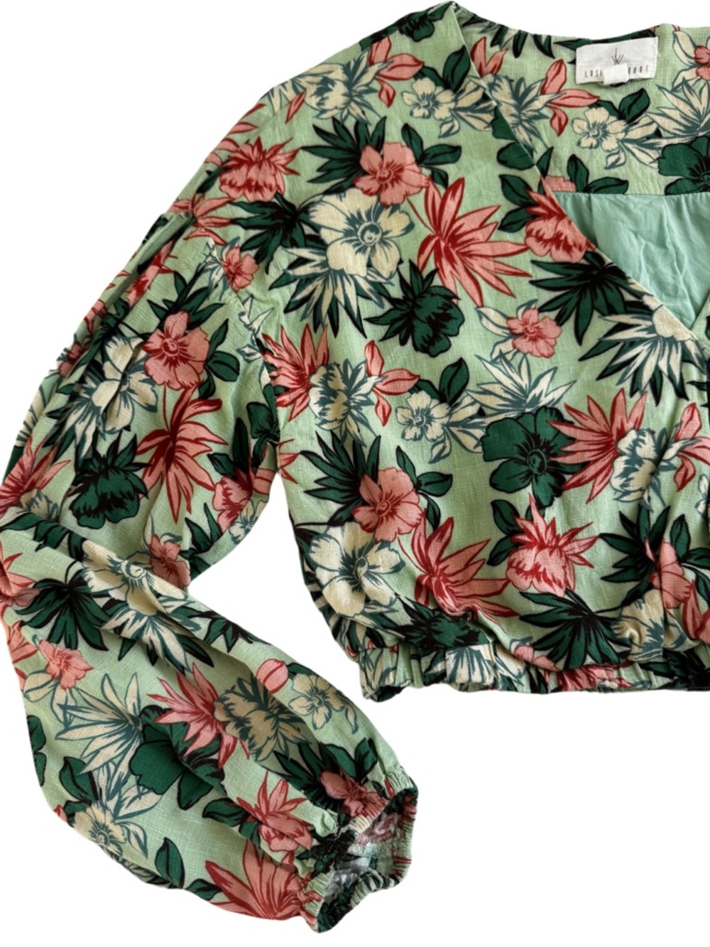Lost + Wander Boho Green Pink Floral Crop Long Sleeve Top Festival Blouse Medium